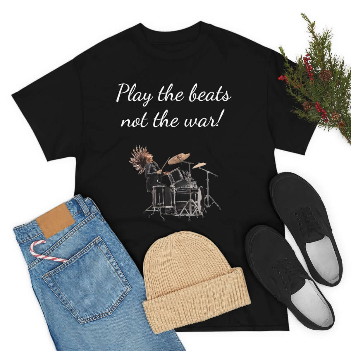 Customised t-shirt. Feel great and wear "play the beats not the war " t-shirt. Play the music in our clothes!!